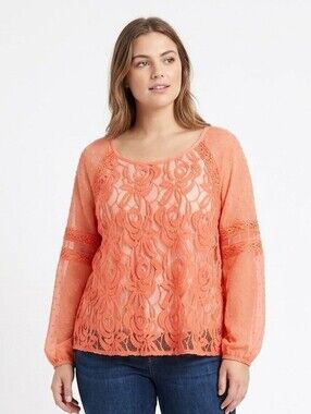 None Boho Coral Lace Blouse Sheer Embroidered Crochet Top Swim Cover-up Tunic